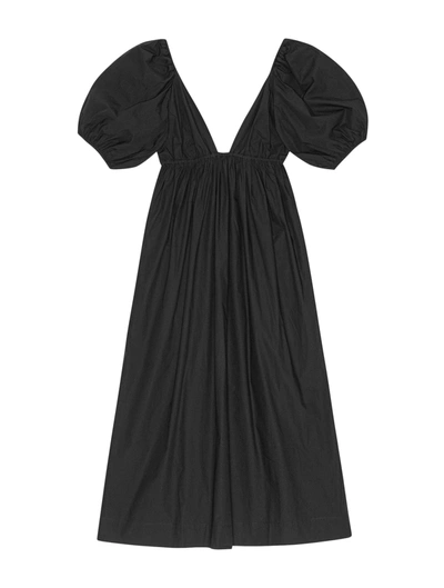 Shop Ganni Cotton Poplin Long Dress In Black