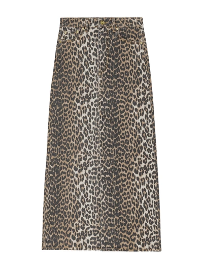Shop Ganni Leopard Denim Maxi Slit Skirt In Multicolour