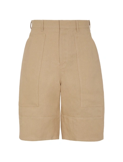 Shop Fendi Short Beige Canvas Trousers In Brown