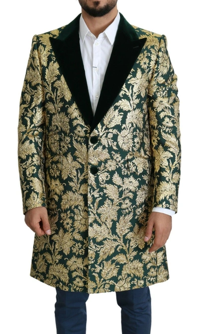 Shop Dolce & Gabbana Jacket Sicilia Green Gold Jacquard Long Coat