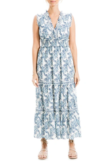 Shop Max Studio Floral Sleeveless Tiered Maxi Dress In Cream/ Blue Smlr Mgnl Wve