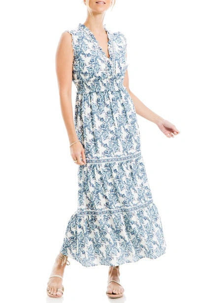 Shop Max Studio Floral Sleeveless Tiered Maxi Dress In Cream/ Blue Smlr Mgnl Wve