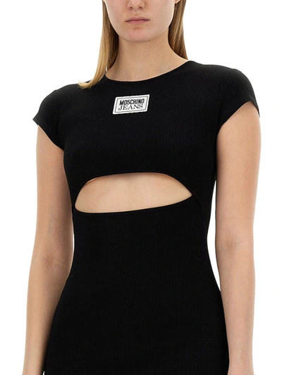 Moschino Logo Patch Cut-out Ribbed T-shirt Dress In Black