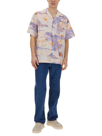 Shop Msgm Bowling Shirt With "dripping Camo" Print In Lilac