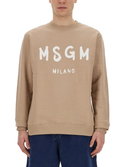 Shop Msgm Sweatshirt With Brushed Logo In Beige