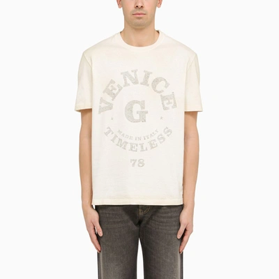 Shop Golden Goose | White Cotton Oversize T-shirt With Print In Beige