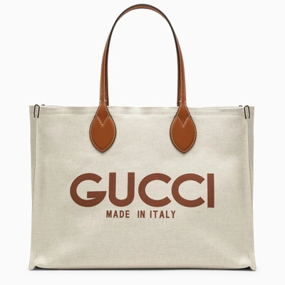Shop Gucci Big Beige Canvas Tote Bag With Logo