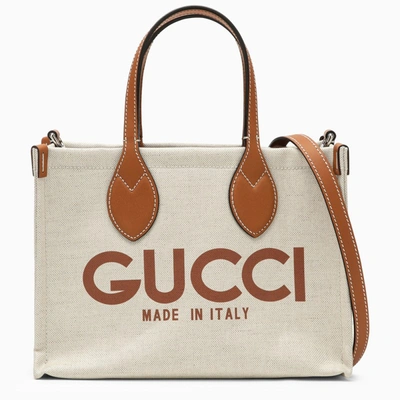 Shop Gucci Small Beige Canvas Tote Bag With Logo