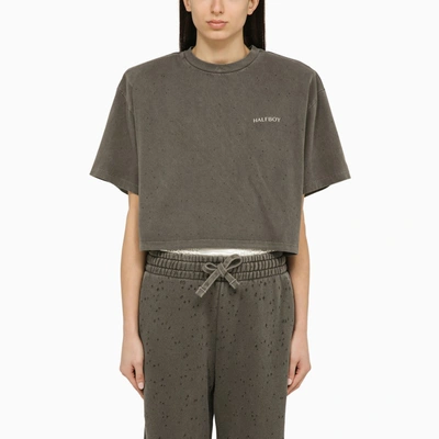 Shop Halfboy Cropped T-shirt With Maxi Shoulders In Black Washed-out Effect