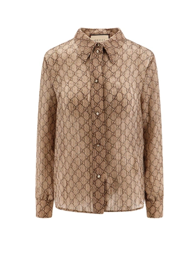 Shop Gucci Silk Shirt With Gg Checked Print