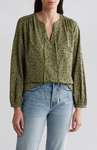 Shop Melrose And Market Long Sleeve Tie Neck Top In Olive Filled Ditsy
