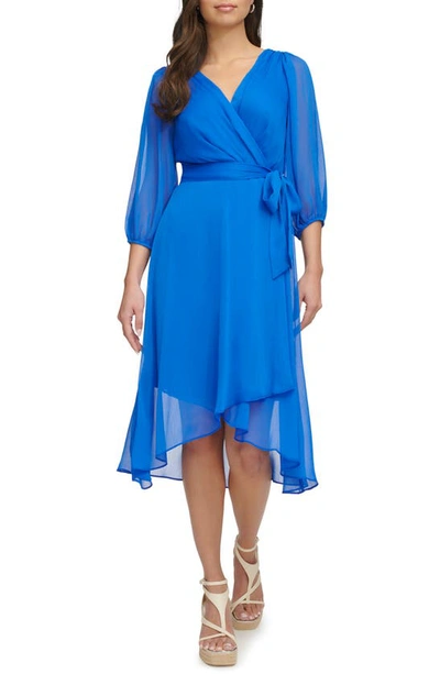 Shop Dkny Balloon Sleeve Faux Wrap Dress In Cosmic Blue