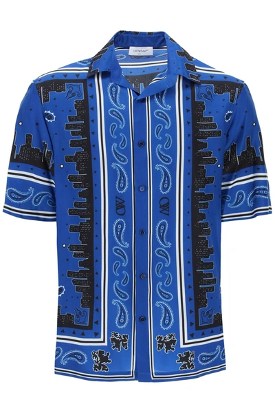 Shop Off-white Skyline Paisley Bowling Shirt With Pattern Men In Blue