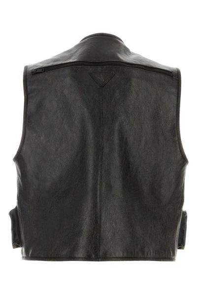 Shop Prada Man Black Leather Vest