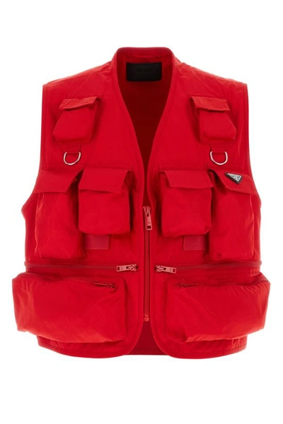 Shop Prada Man Red Poplin Vest