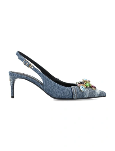 Shop Dolce & Gabbana Sling Back Patchwork With Gemstone In Blue