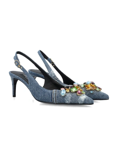 Shop Dolce & Gabbana Sling Back Patchwork With Gemstone In Blue