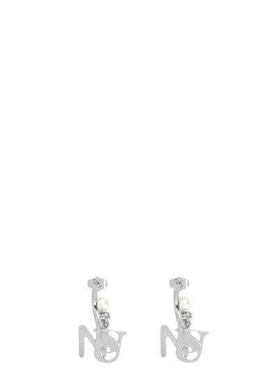 Shop Sunnei Logo Pearl Earrings In Silver