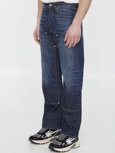 Palm Angels Monogram-embroidered Wide-leg Jeans In Blue