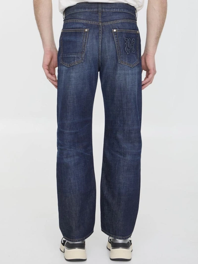 Palm Angels Monogram-embroidered Wide-leg Jeans In Blue