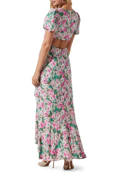 Shop Astr Dayanara Floral Puff Sleeve Cutout Maxi Dress In Green Pink Floral
