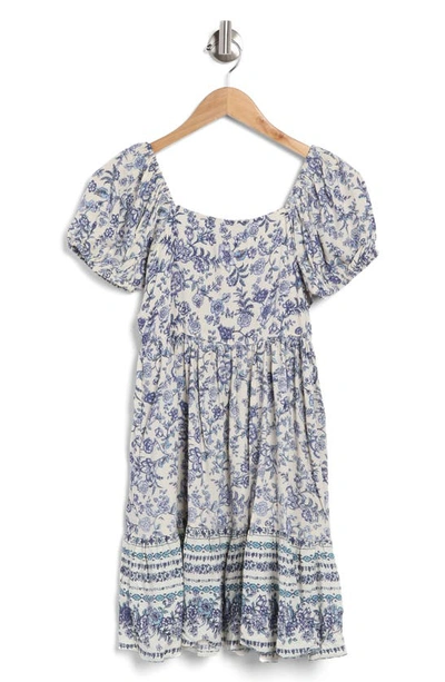 Shop Angie Floral Print Square Neck Puff Sleeve Dress In Blue/ Ivory