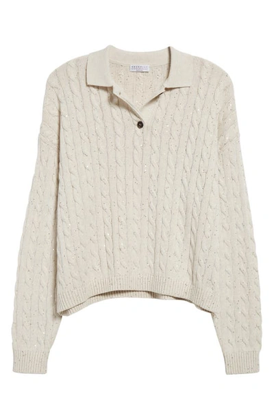 Shop Brunello Cucinelli Sequin Cable Knit Polo Sweater In Oat
