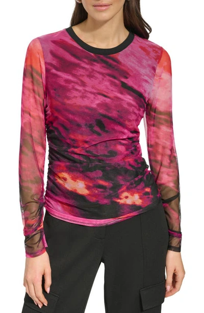 Shop Dkny Sportswear Print Ruched Mesh Top In Shocking Pink Multi