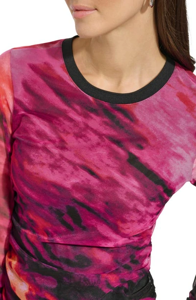 Shop Dkny Sportswear Print Ruched Mesh Top In Shocking Pink Multi