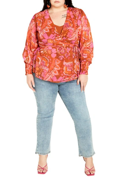 Shop City Chic Alexis Paisley Long Sleeve Wrap Top In Freehand Blooms