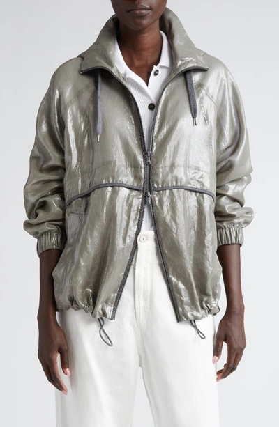 Shop Brunello Cucinelli Metallic Finish Cotton Hooded Jacket In C552 Khaki