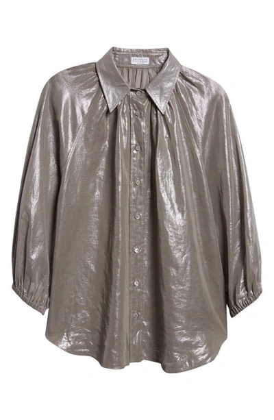 Shop Brunello Cucinelli Metallic Finish Cotton Button-up Shirt In C552 Khaki
