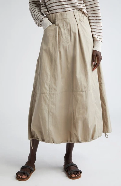 Shop Brunello Cucinelli Monili Trim Drawstring Hem Twill Midi Skirt In Beige