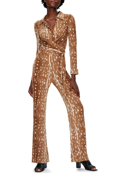 Shop Diane Von Furstenberg Michele Fawn Print Long Sleeve Jumpsuit In Fawn Neatural