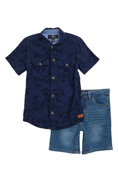 Shop 7 For All Mankind Kids' Button Front Shirt & Shorts Set In Navy