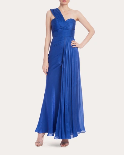 Shop Badgley Mischka Women's Pleated Chiffon Asymmetric Gown In Blue