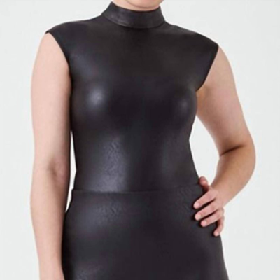 Shop Spanx Leather Mock Neck Bodysuit In Black