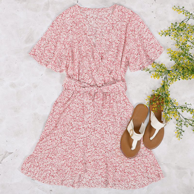 Shop Anna-kaci Floral Print Wrap-tie V-neck Mini Dress In Pink