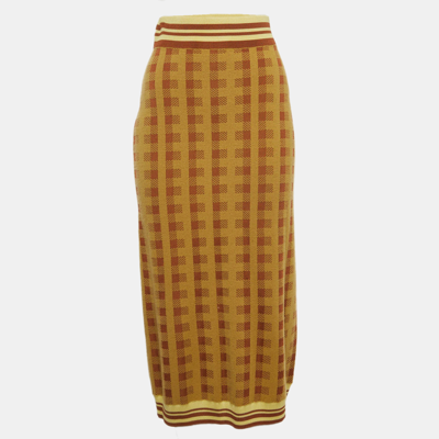 Pre-owned Dries Van Noten Yellow/brown Checked Knit Midi Skirt M
