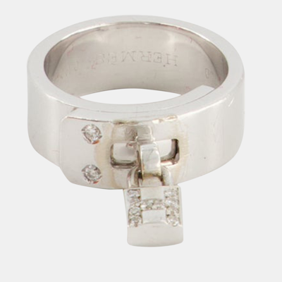 Pre-owned Hermes 18k White Gold Diamond "h" Lock Band Ring Size 51