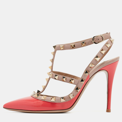 Pre-owned Valentino Garavani Pink/beige Patent And Leather Rockstud Pumps Size 36