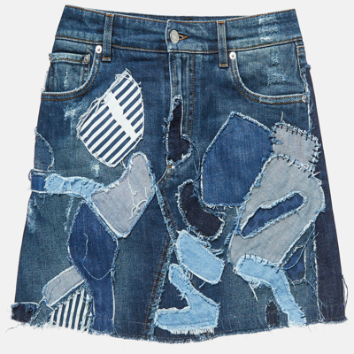 Pre-owned Dolce & Gabbana Blue Ripped Denim Applique Detail Mini Skirt S