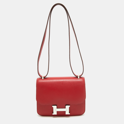 Pre-owned Hermes Rouge Casaque Swift Leather Palladium Finish Constance Iii Mini Bag In Red