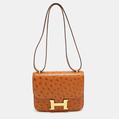 Pre-owned Hermes Naturale Ostrich Gold Finish Constance Iii Mini Bag In Brown