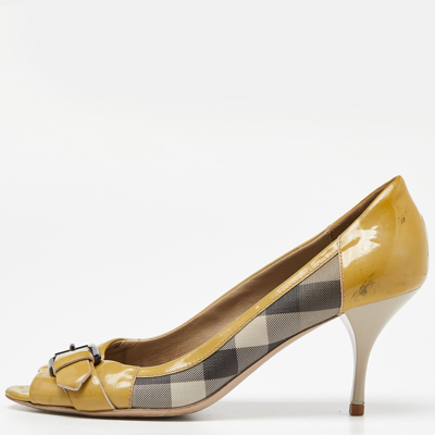 Pre-owned Burberry Grey/yellow Smoked Check Pvc And Patent Leather Embellished Open Toe Pumps Size 39