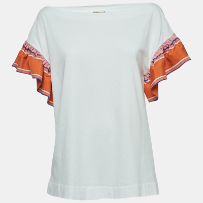 Pre-owned Emilio Pucci White Cotton Knit Contrast Flutter Sleeve T-shirt M