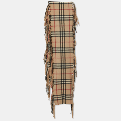 Pre-owned Burberry Beige Checked Cashmere Fringed Scarf