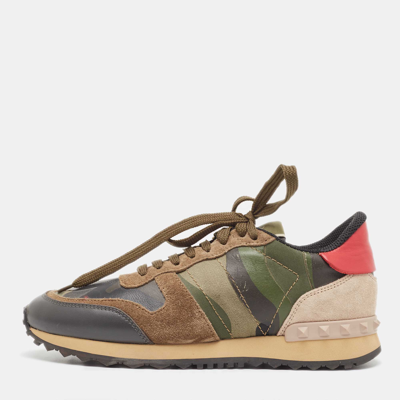 Pre-owned Valentino Garavani Multicolor Camo Print Leather And Canvas Rockrunner Sneakers Size 37