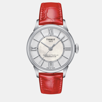 Pre-owned Tissot Red Leather Watch 32 Mm In Silver