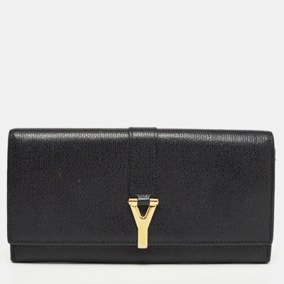 Pre-owned Saint Laurent Black Leather Y Line Flap Continental Wallet